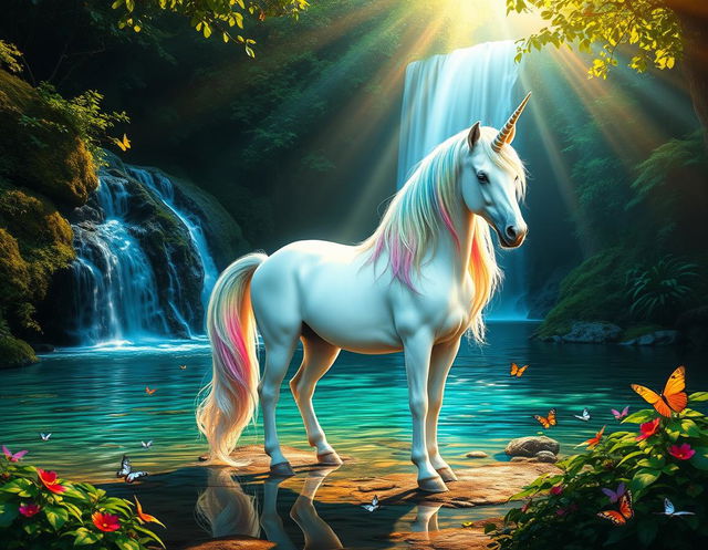 A majestic unicorn standing gracefully near a crystal-clear waterfall in an enchanted forest