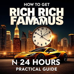 A captivating eBook cover for 'How to Get Rich and Famous in 24 Hours' with the subtitle 'Practical Guide'