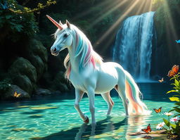 A majestic unicorn standing gracefully near a crystal-clear waterfall in an enchanted forest