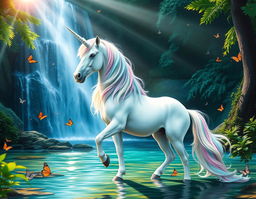 A majestic unicorn standing gracefully near a crystal-clear waterfall in an enchanted forest