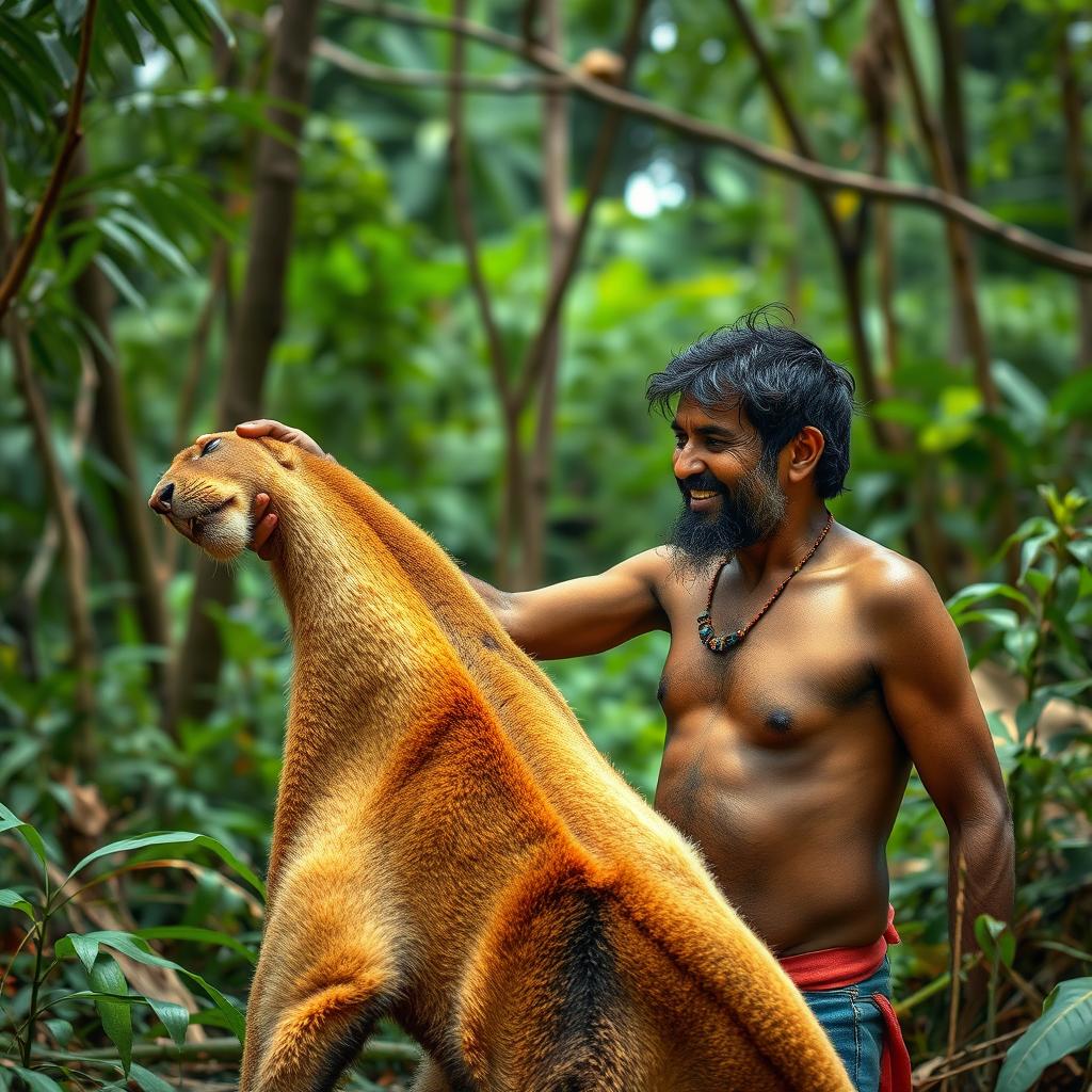 A dhobi (laundryman) in the jungle, looking at a lion's skin with an expression of amazement and joy, as if he has found something precious