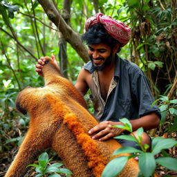 A dhobi (laundryman) in the jungle, looking at a lion's skin with an expression of amazement and joy, as if he has found something precious