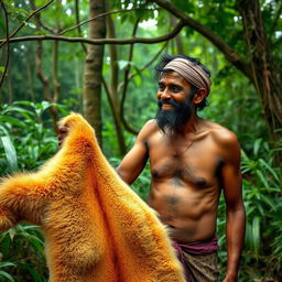 A dhobi (laundryman) in the jungle, looking at a lion's skin with an expression of amazement and joy, as if he has found something precious