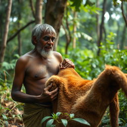 A dhobi (laundryman) in the jungle, looking at a lion's skin with an expression of amazement and joy, as if he has found something precious