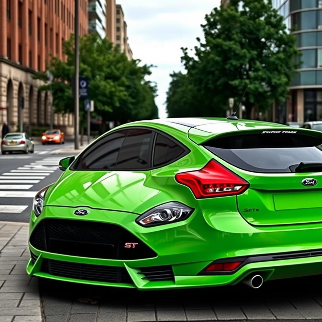 Ford Focus ST Mk4.5, mean green color, parked in an urban environment