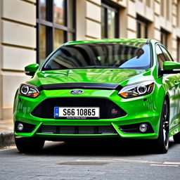 Ford Focus ST Mk4.5, mean green color, parked in an urban environment