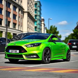 Ford Focus ST Mk4.5, mean green color, parked in an urban environment