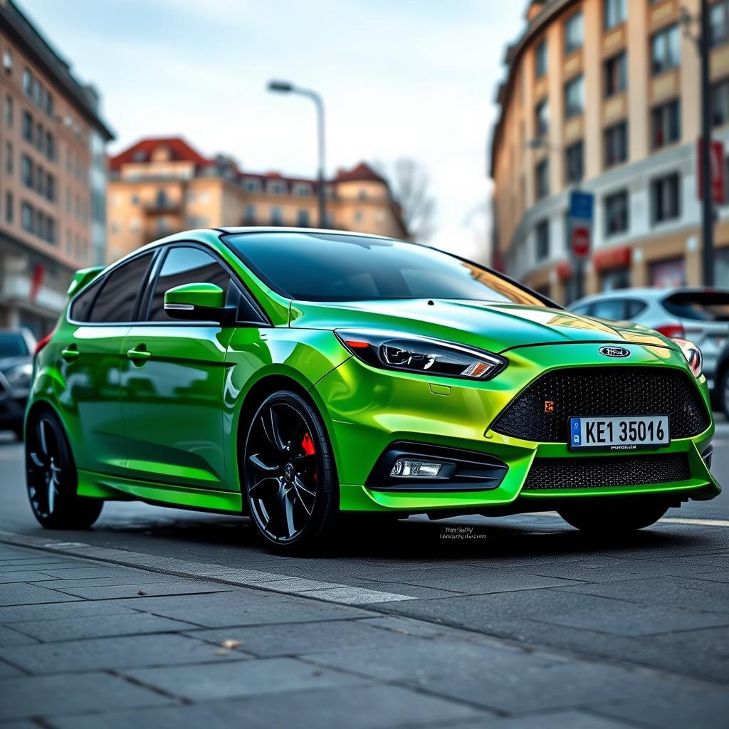 Ford Focus ST Mk4.5, mean green color, parked in an urban environment