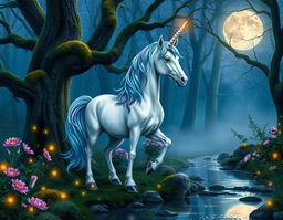 A beautiful unicorn standing majestically in a mystical forest during twilight