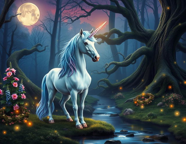 A beautiful unicorn standing majestically in a mystical forest during twilight