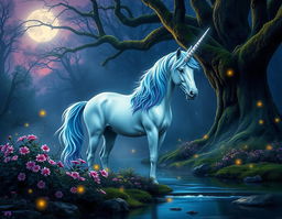 A beautiful unicorn standing majestically in a mystical forest during twilight