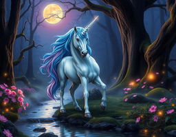 A beautiful unicorn standing majestically in a mystical forest during twilight