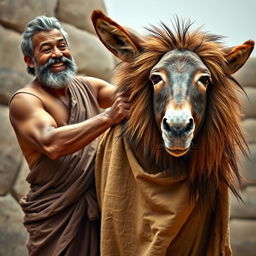 A cunning washerman with a mischievous smile is draping a donkey with a lion's skin, making the donkey look convincingly like a lion