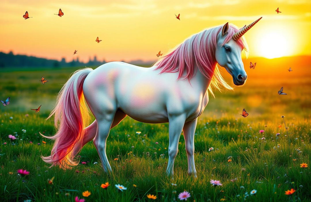 A majestic unicorn standing in a lush meadow at sunrise