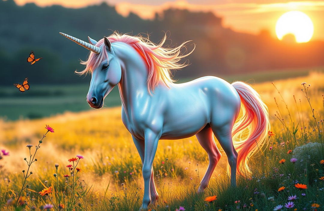 A majestic unicorn standing in a lush meadow at sunrise