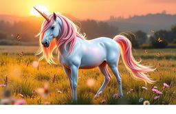 A majestic unicorn standing in a lush meadow at sunrise