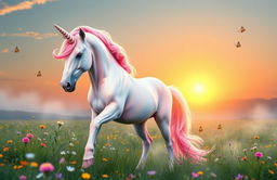 A majestic unicorn standing in a lush meadow at sunrise