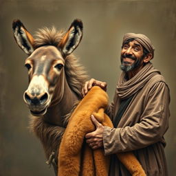 A humorous scene depicting a donkey being dressed in a lion's skin by a washerman