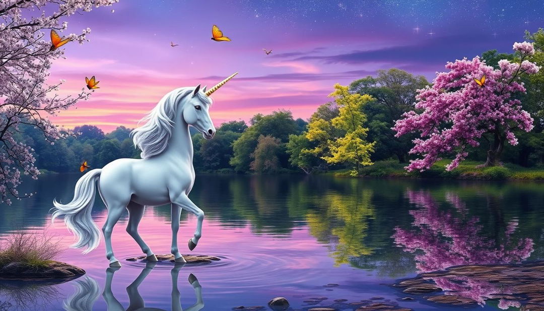 An ethereal unicorn standing at the edge of a tranquil lake in a magical glen