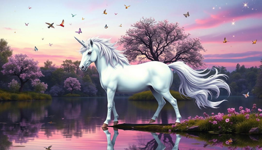 An ethereal unicorn standing at the edge of a tranquil lake in a magical glen