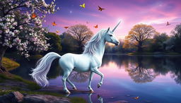 An ethereal unicorn standing at the edge of a tranquil lake in a magical glen