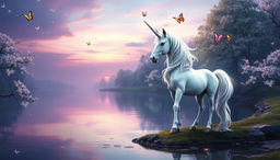 An ethereal unicorn standing at the edge of a tranquil lake in a magical glen