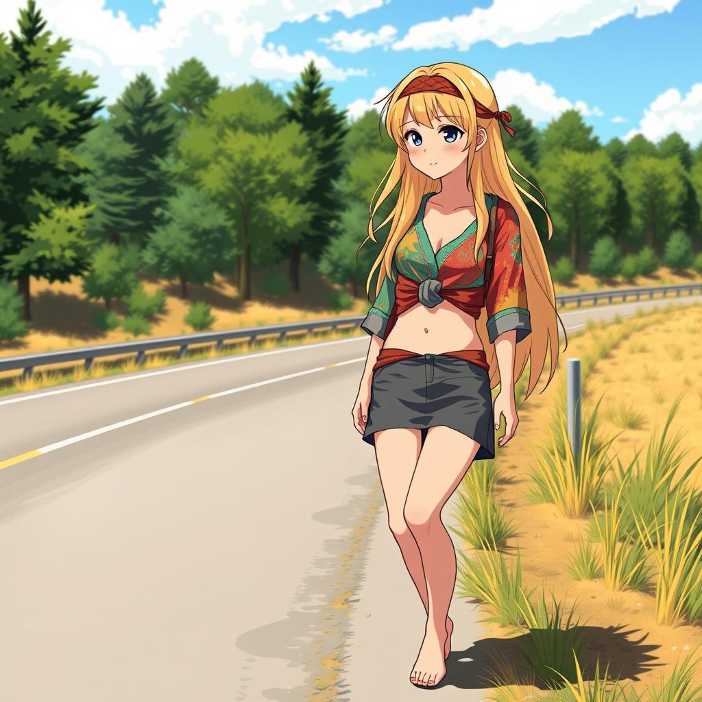 A 25-year-old blonde hippie girl hitchhiking on a sunny roadside, featuring long blonde hair with a headband, wearing a multicolored tied-up shirt that reveals her midriff, a short skirt, and she's barefoot