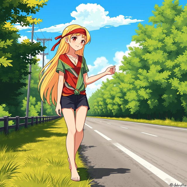 A 25-year-old blonde hippie girl hitchhiking on a sunny roadside, featuring long blonde hair with a headband, wearing a multicolored tied-up shirt that reveals her midriff, a short skirt, and she's barefoot