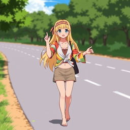 A 25-year-old blonde hippie girl hitchhiking on a sunny roadside, featuring long blonde hair with a headband, wearing a multicolored tied-up shirt that reveals her midriff, a short skirt, and she's barefoot