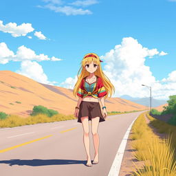 A 25-year-old blonde hippie girl hitchhiking on a sunny roadside, featuring long blonde hair with a headband, wearing a multicolored tied-up shirt that reveals her midriff, a short skirt, and she's barefoot