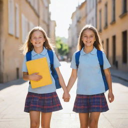 Two cheerful schoolgirls in their colorful uniforms, walking on a sunlit street, greeted by the warm climate. Smiles on their faces, they carry backpacks loaded with books, shimmering under the hot sun.