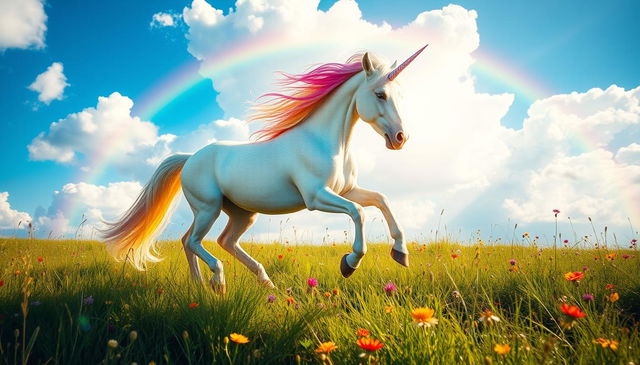 A magnificent unicorn galloping through a sunlit meadow