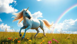 A magnificent unicorn galloping through a sunlit meadow