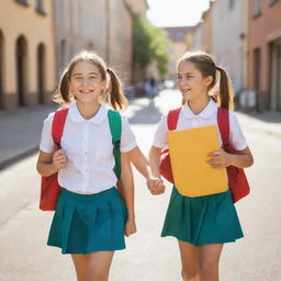 Two cheerful schoolgirls in their colorful uniforms, walking on a sunlit street, greeted by the warm climate. Smiles on their faces, they carry backpacks loaded with books, shimmering under the hot sun.