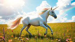 A magnificent unicorn galloping through a sunlit meadow