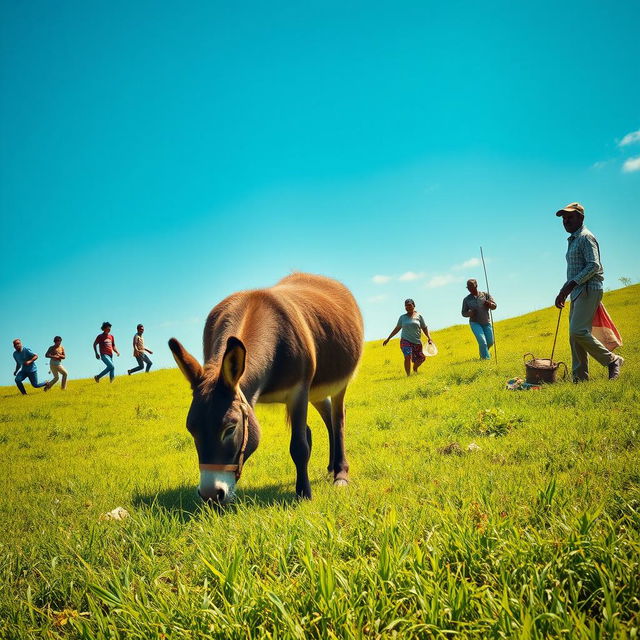 A donkey disguised as a lion peacefully grazing in lush green fields under a clear blue sky, its presence both comical and amusing