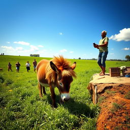 A donkey disguised as a lion peacefully grazing in lush green fields under a clear blue sky, its presence both comical and amusing