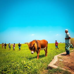 A donkey disguised as a lion peacefully grazing in lush green fields under a clear blue sky, its presence both comical and amusing