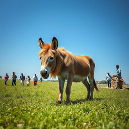 A donkey disguised as a lion peacefully grazing in lush green fields under a clear blue sky, its presence both comical and amusing