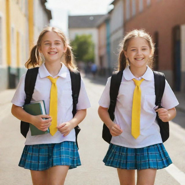 Two cheerful schoolgirls in their colorful uniforms, walking on a sunlit street, greeted by the warm climate. Smiles on their faces, they carry backpacks loaded with books, shimmering under the hot sun.