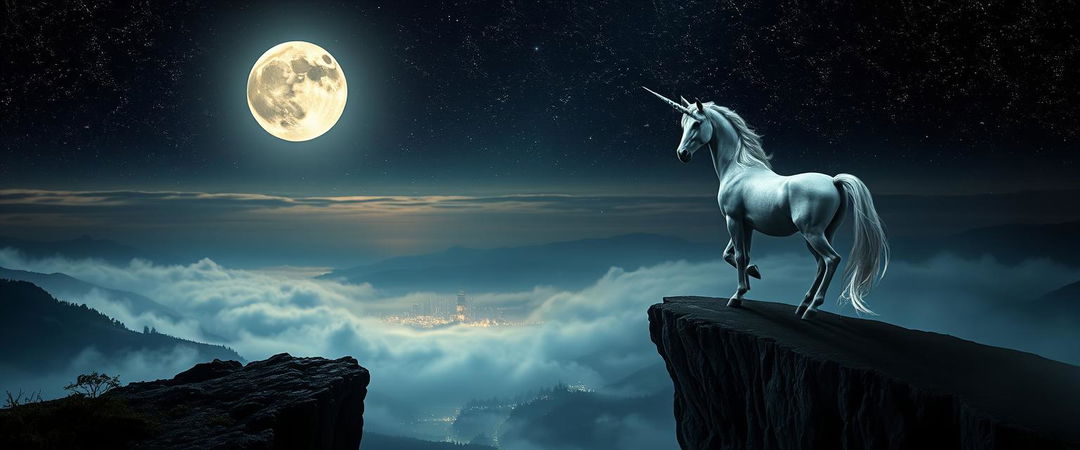 A striking unicorn poised on the edge of a cliff overlooking a misty valley