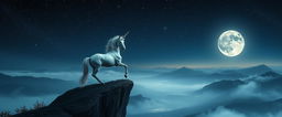 A striking unicorn poised on the edge of a cliff overlooking a misty valley