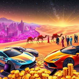 A vibrant and provocative scene blending elements of modern and exotic wealth for a digital illustration