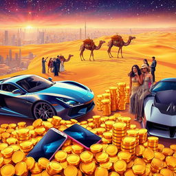 A vibrant and provocative scene blending elements of modern and exotic wealth for a digital illustration