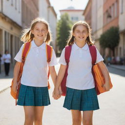 Two cheerful schoolgirls in their colorful uniforms, walking on a sunlit street, greeted by the warm climate. Smiles on their faces, they carry backpacks loaded with books, shimmering under the hot sun.