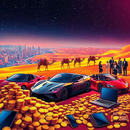 A vibrant and provocative scene blending elements of modern and exotic wealth for a digital illustration