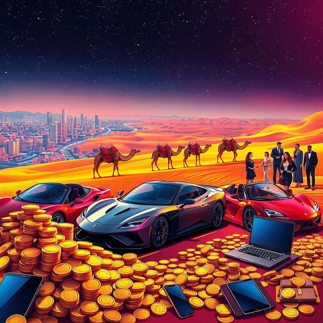 A vibrant and provocative scene blending elements of modern and exotic wealth for a digital illustration