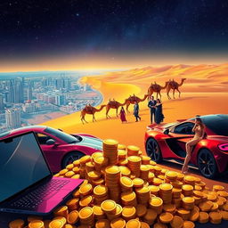 A vibrant and provocative scene blending elements of modern and exotic wealth for a digital illustration