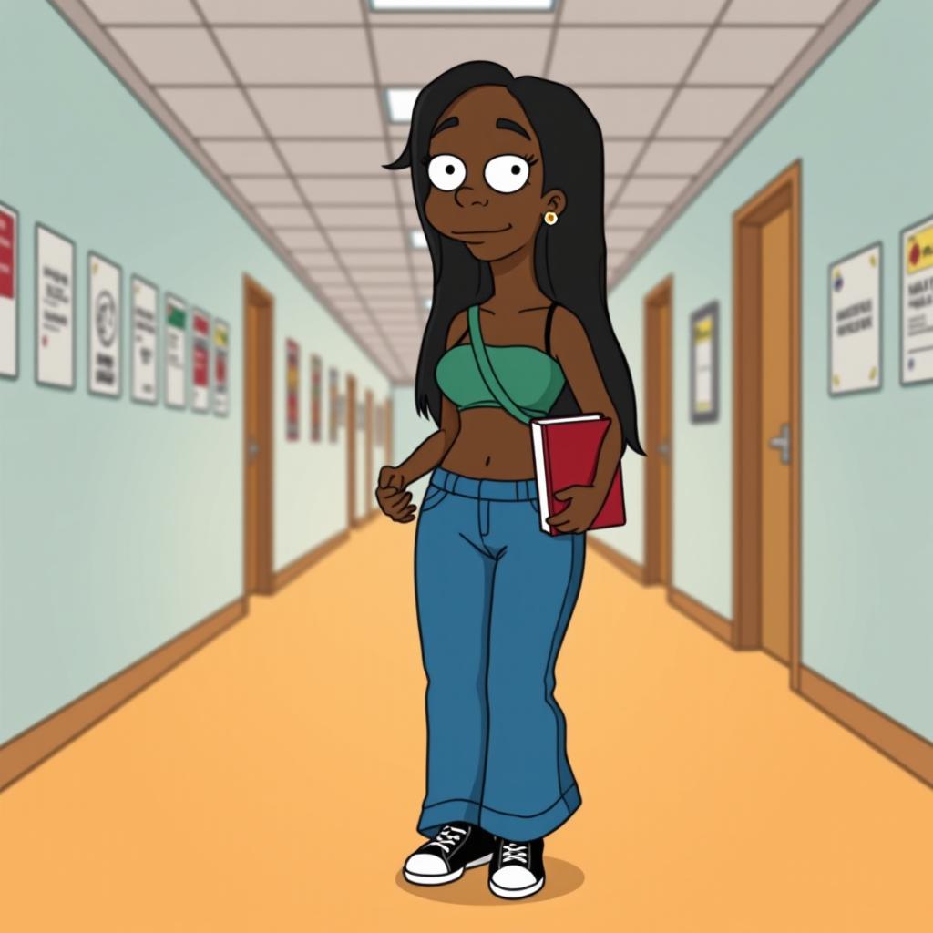 A black girl walking through the hallways of a school, designed in the style of The Simpsons animated series