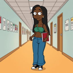 A black girl walking through the hallways of a school, designed in the style of The Simpsons animated series